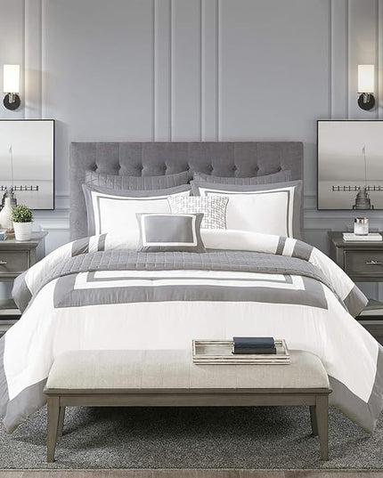 Madison Park Heritage Comforter Quilt Combo Set - Modern Luxury Design, All Season Down Alternative Bedding, Matching Shams, Decorative Pillows, King/Cal King(104"x92"), Color Block Grey 8 Piece - LeafyLoom