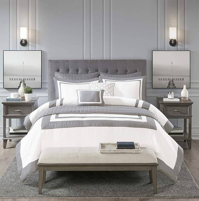 Madison Park Heritage Comforter Quilt Combo Set - Modern Luxury Design, All Season Down Alternative Bedding, Matching Shams, Decorative Pillows, Full/Queen(90"x90"), Color Block Grey 8 Piece - LeafyLoom