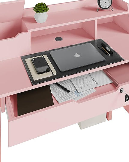 Roma Writing Desk - Elegant Wood Study Desk With Storage, Cable Holes & Drawers - Work Table for Home, Office, Dorm, Small Spaces - Compact Black Desk, 40x19x36.9” (pink) - LeafyLoom
