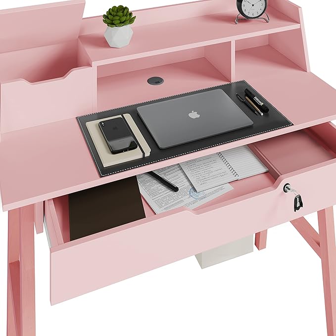 Roma Writing Desk - Elegant Wood Study Desk With Storage, Cable Holes & Drawers - Work Table for Home, Office, Dorm, Small Spaces - Compact Black Desk, 40x19x36.9” (pink) - LeafyLoom