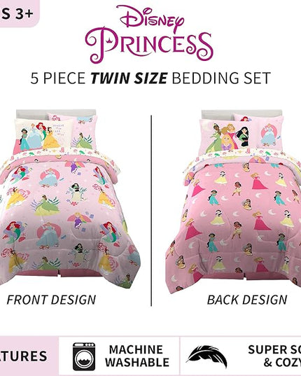 Franco Kids Bedding Super Soft Comforter and Sheet Set with Sham, 5 Piece Twin Size, Disney Princess - LeafyLoom