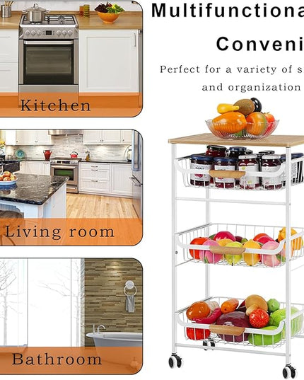 Kitchen Storage Rolling Cart on Wheels, 4 Tier Metal Rolling Utility Cart Mesh Basket Pantry Cart Rack with Wooden Tabletop for Fruit Vegetable Onion Potato Storage, White - LeafyLoom