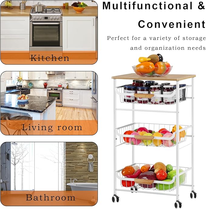 Kitchen Storage Rolling Cart on Wheels, 4 Tier Metal Rolling Utility Cart Mesh Basket Pantry Cart Rack with Wooden Tabletop for Fruit Vegetable Onion Potato Storage, White - LeafyLoom