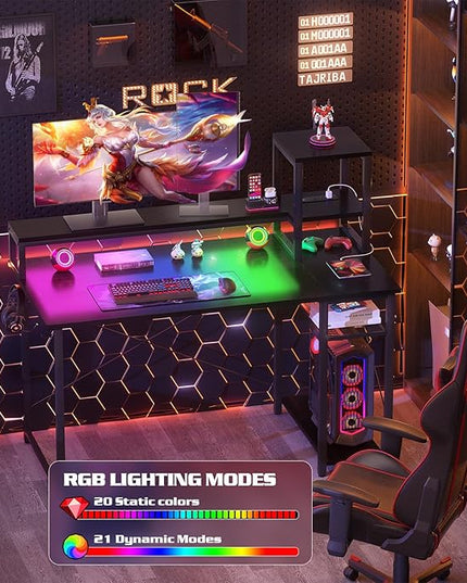 armocity 2024 Upgrade Gaming Desk with LED Lights, Small Computer Desk with Long Monitor Stand, 40'' Reversible Laptop Table with Storage Shelves, Small Desk for Small Spaces, Gaming Room, Black - LeafyLoom