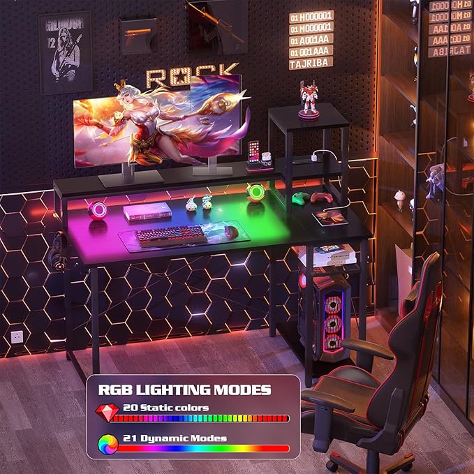 armocity 2024 Upgrade Gaming Desk with LED Lights, Small Computer Desk with Long Monitor Stand, 40'' Reversible Laptop Table with Storage Shelves, Small Desk for Small Spaces, Gaming Room, Black - LeafyLoom