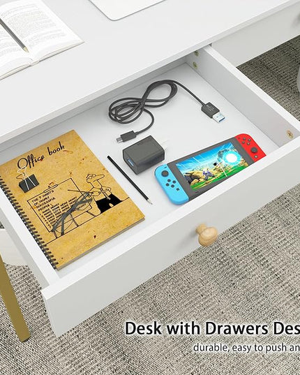 Weehom Computer Desk with Drawers, Home Office Desk for Writing, Studying, and Gaming - Sturdy and Spacious Workstation for PC and Laptop(White and Gold) - LeafyLoom