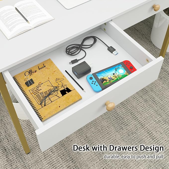 Weehom Computer Desk with Drawers, Home Office Desk for Writing, Studying, and Gaming - Sturdy and Spacious Workstation for PC and Laptop(White and Gold) - LeafyLoom