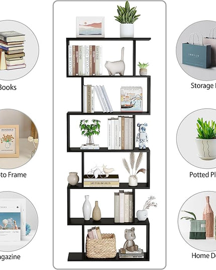 Yusong Bookshelf 6-Tier, Geometric Bookcase S Shaped Book Shelves for Bedroom, Modern Wood Decorative Display Shelf Tall Book Case for Home Office, Black - LeafyLoom
