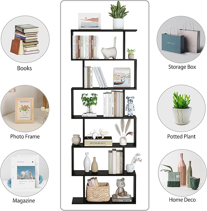 Yusong Bookshelf 6-Tier, Geometric Bookcase S Shaped Book Shelves for Bedroom, Modern Wood Decorative Display Shelf Tall Book Case for Home Office, Black - LeafyLoom