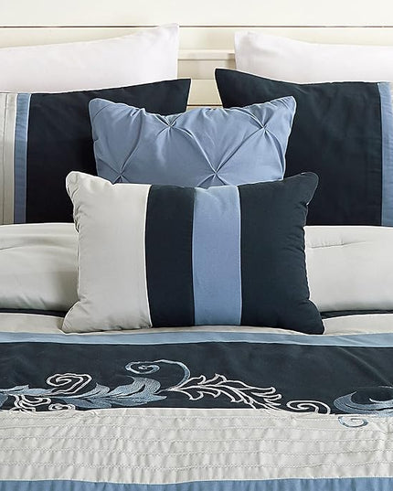 Chezmoi Collection Napa 7-Piece Luxury Autumn Leaves Scroll Embroidery Bedding Comforter Set (King, Navy/Blue/Gray) - LeafyLoom
