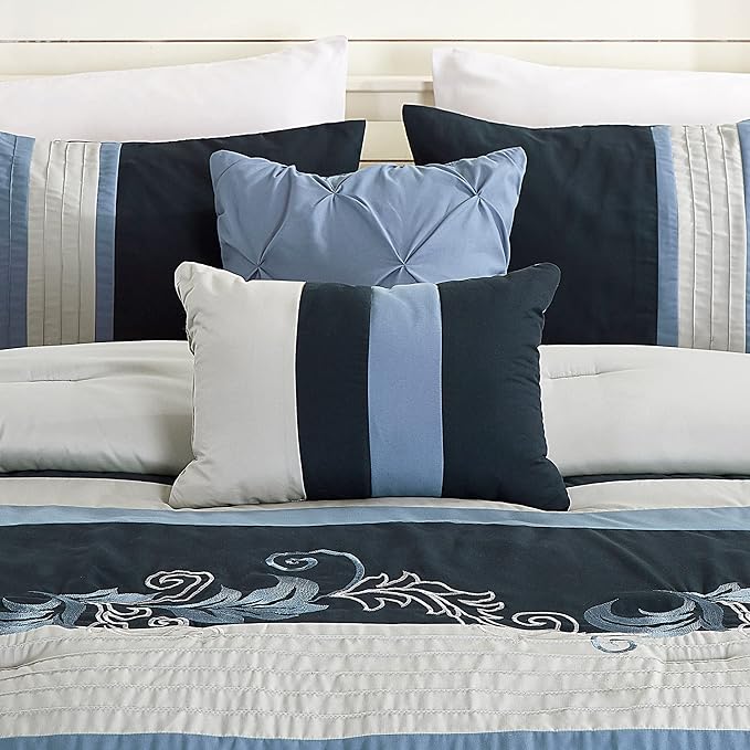 Chezmoi Collection Napa 7-Piece Luxury Autumn Leaves Scroll Embroidery Bedding Comforter Set (King, Navy/Blue/Gray) - LeafyLoom
