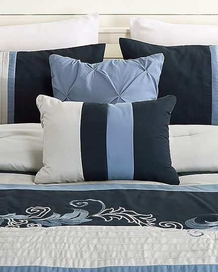 Chezmoi Collection Napa 7-Piece Luxury Autumn Leaves Scroll Embroidery Bedding Comforter Set (Full, Navy/Blue/Gray) - LeafyLoom