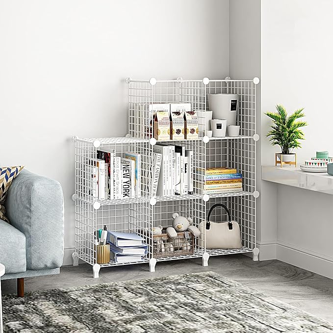 Wolizom Wire Cube Storage, Metal Grids Shelves Bookshelf, Stackable Modular Shelving Organizer, DIY Closet Bookcase Bookshelf, Grid Storage Shelf for Bedroom, Living Room, Office (White, 8 Cube) - LeafyLoom