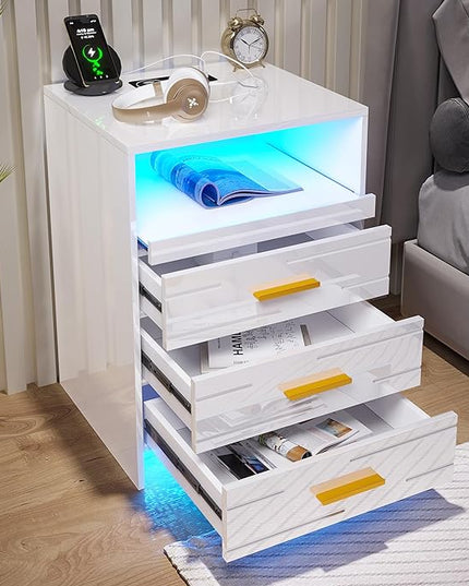 HNEBC RGB LED Nightstand with Wireless Charging Station, Smart Night Stand with 3 Drawers and Sliding Tray, Modern Bedside Table for Bedroom Furniture, High Gloss End Sofa Tables (B White) - LeafyLoom
