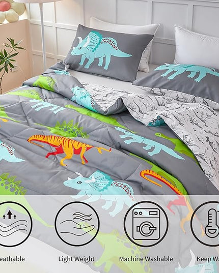 RYNGHIPY Dinosaur Kids Comforter Set Cartoon Dinosaur Bedding Sets for Boys 3 Pieces Queen Microfiber Comforter with Pillowcases Soft Lightweight (Dark Grey,Queen) - LeafyLoom