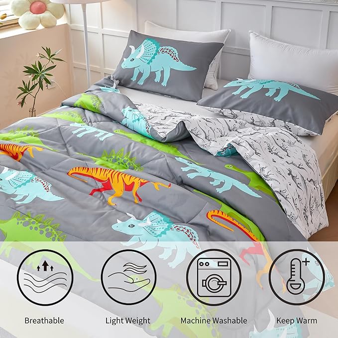 RYNGHIPY Dinosaur Kids Comforter Set Cartoon Dinosaur Bedding Sets for Boys 3 Pieces Queen Microfiber Comforter with Pillowcases Soft Lightweight (Dark Grey,Queen) - LeafyLoom