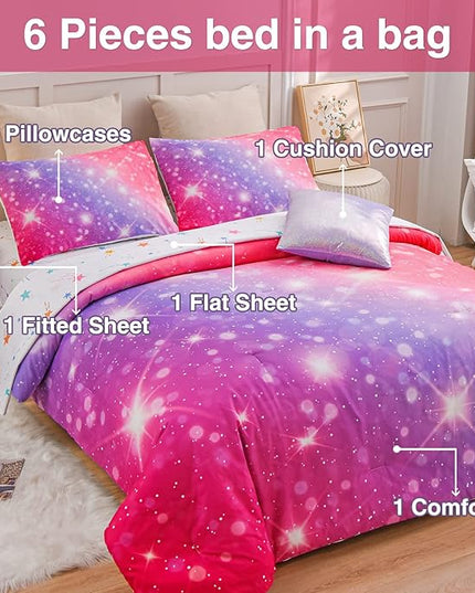 A Nice Night 6Pcs Gradient Glitter Bedding Set for Girls, Colorful Rainbow Galaxy Comforter Set, Ultra Soft Bedding Sets (Pink-Purple,Twin 6Pcs) - LeafyLoom