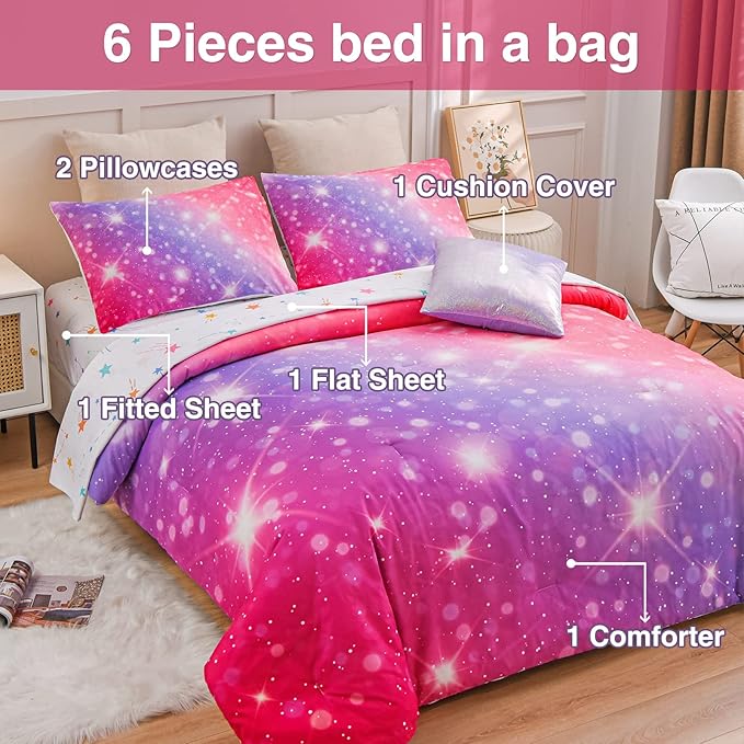 A Nice Night 6Pcs Gradient Glitter Bedding Set for Girls, Colorful Rainbow Galaxy Comforter Set, Ultra Soft Bedding Sets (Pink-Purple,Full 6Pcs) - LeafyLoom