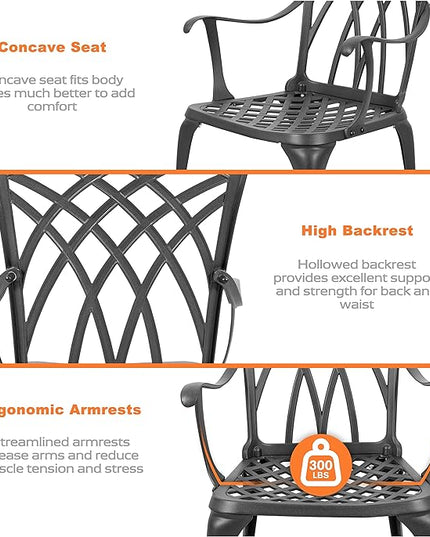NUU GARDEN Patio Bistro Sets 3 Piece Cast Aluminum Bistro Table and Chairs Set with Umbrella Hole Bistro Set of 2 for Patio Backyard, Black - LeafyLoom