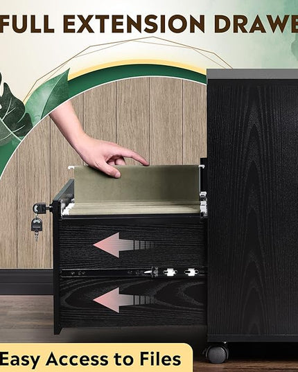 DEVAISE Office File Cabinet with Lock, 1-Drawer Wood Lateral Filing Cabinet on Wheels, Printer Stand with Open Storage Shelves for Home Office, Black - LeafyLoom