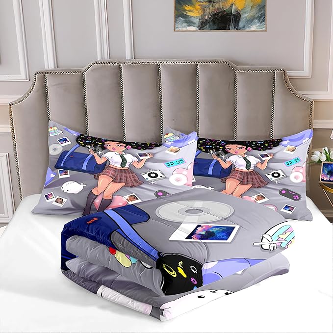 Black Girl Comforter Set Queen Size Bedding Sets for Girls Cute Black Girl Bedding Set African American Girl Soft Microfiber 3 Piece Queen Quilt Sets, 1 Comforter + 2 Pillowcases - LeafyLoom