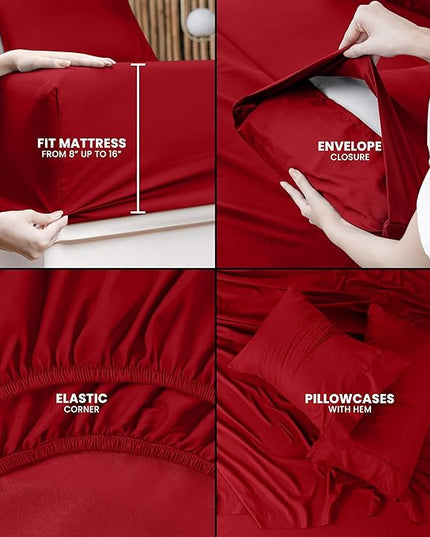 Utopia Bedding Queen Bed Sheets Set - 4 Piece Bedding - Brushed Microfiber - Shrinkage and Fade Resistant - Easy Care (Queen, Red) - LeafyLoom
