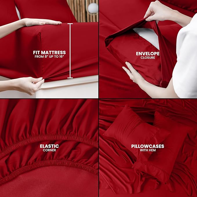Utopia Bedding Queen Bed Sheets Set - 4 Piece Bedding - Brushed Microfiber - Shrinkage and Fade Resistant - Easy Care (Queen, Red) - LeafyLoom