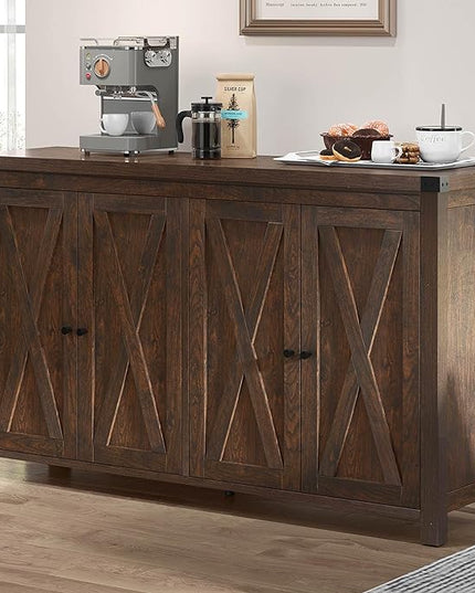 YITAHOME 55'' Sideboard Buffet Cabinet with Storage with 4 Doors, Farmhouse Large Kitchen Storage Cabinet, Wood Coffee Bar Cabinet with Barn Doors ＆ Adjustable Shelf for Kitchen, Living Room, Brown - LeafyLoom
