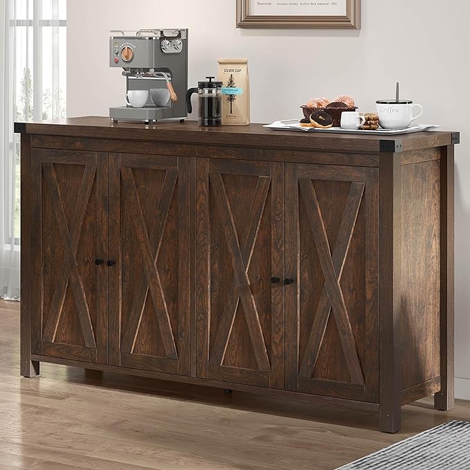 YITAHOME 55'' Sideboard Buffet Cabinet with Storage with 4 Doors, Farmhouse Large Kitchen Storage Cabinet, Wood Coffee Bar Cabinet with Barn Doors ＆ Adjustable Shelf for Kitchen, Living Room, Brown - LeafyLoom
