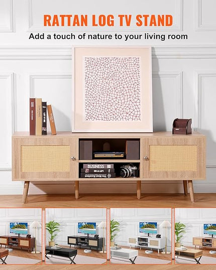 VEVOR Rattan TV Stand, Mid Century Modern TV Stand for 65 inch TV, Boho Rattan TV Cabinet with Build-in Socket and USB Ports, Adjustable Shelfs for Living Room, Media Room, Oak - LeafyLoom