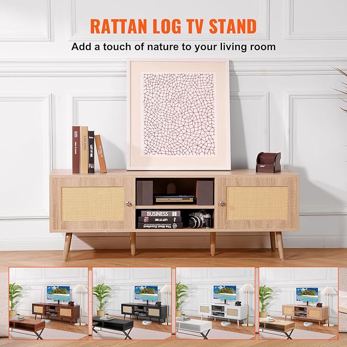 VEVOR Rattan TV Stand, Mid Century Modern TV Stand for 65 inch TV, Boho Rattan TV Cabinet with Build-in Socket and USB Ports, Adjustable Shelfs for Living Room, Media Room, Oak - LeafyLoom