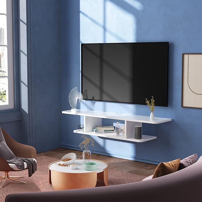 Floating TV Stand, Wall Mounted Entertainment Center and Cabinet Shelf, TV Console with Storage, Media Console for DVD Player, Space-Saving Under TV Shelf for Bedroom, Living Room (White) - LeafyLoom