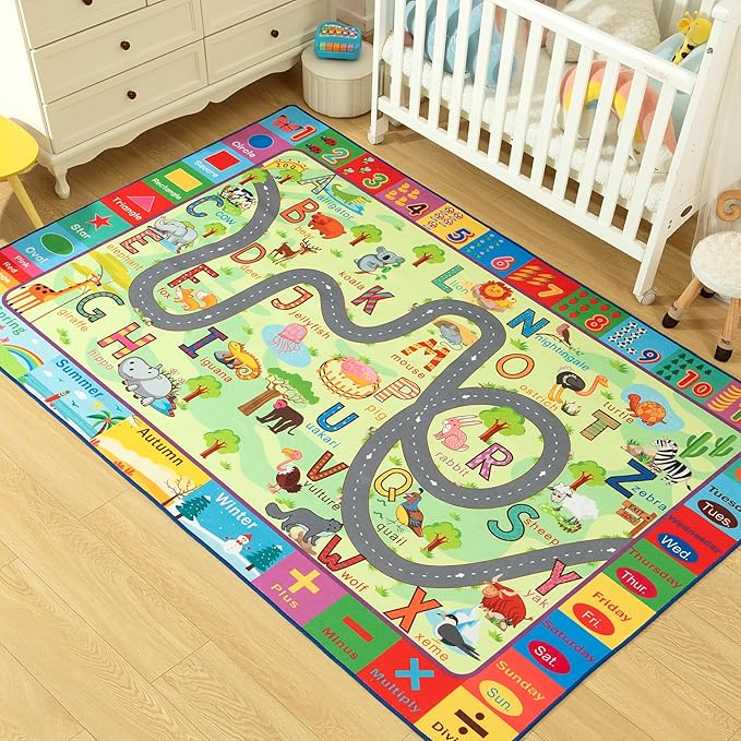 Terrug Kids Rugs for Playroom, Educational Classroom Rug for Kids Room, Washable Nursery Rug Carpet Non Slip Playroom Rug Play Mat for Learning ABC Rug, Numbers, Animal, Colors, Season, 3X5 Feet - LeafyLoom