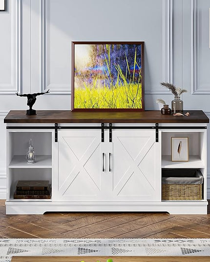 IDEALHOUSE Farmhouse TV Stand for 65 Inch TV Entertainment Center TV Media Console Table, Barn Door TV Stand with Storage and Shelves, Tall Modern TV Console Table Furniture for Living Room (White) - LeafyLoom