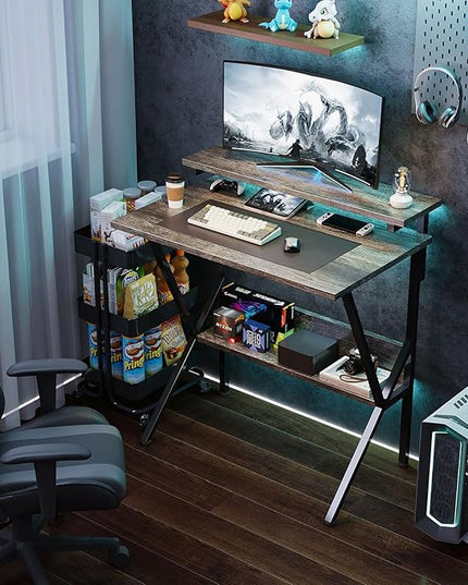 COTUBLR Small Desk, Small Computer Desk for Small Spaces, 27.5 Inch Computer Desk with Adjustable Monitor Stand, Compact Desk with Storage, Tiny Desk Study Desk for Bedroom Home Office, Grey - LeafyLoom