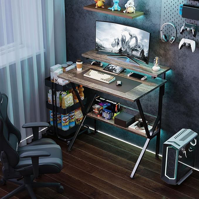 COTUBLR Small Desk, Small Computer Desk for Small Spaces, 27.5 Inch Computer Desk with Adjustable Monitor Stand, Compact Desk with Storage, Tiny Desk Study Desk for Bedroom Home Office, Grey - LeafyLoom