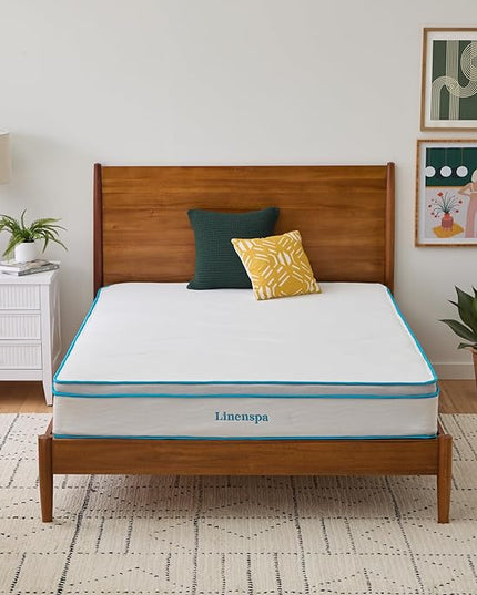 Linenspa 10 Inch Memory Foam and Spring Hybrid Mattress - Medium Feel - Bed in a Box - Quality Comfort and Adaptive Support - Breathable - Cooling - Perfect for a Guest Bedroom - Queen Size - LeafyLoom