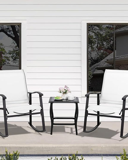 Shintenchi 3 Piece Rocking Bistro Set, Outdoor Furniture with Rocker Chairs and Glass coffee table set of 3, Balcony, Porch Furniture for Small Space, White - LeafyLoom