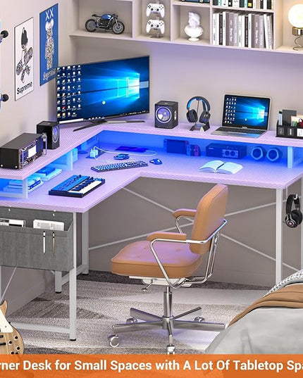 armocity L Shaped Computer Desk with Power Outlets, Gaming LED Lights, Corner Storage Shelves, Work Study for Bedroom, Home Office Small Spaces, 47'', Carbon Fiber Purple - LeafyLoom