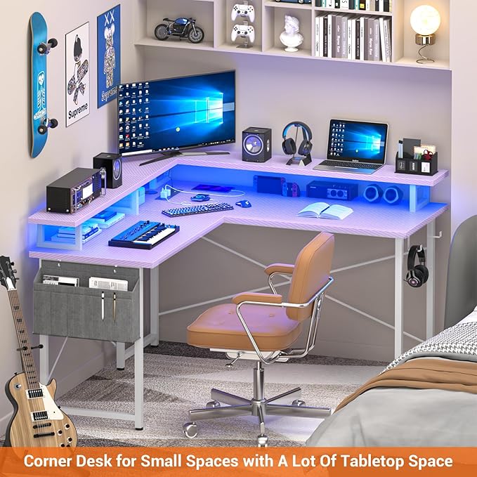 armocity L Shaped Computer Desk with Power Outlets, Gaming LED Lights, Corner Storage Shelves, Work Study for Bedroom, Home Office Small Spaces, 47'', Carbon Fiber Purple - LeafyLoom