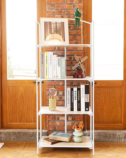 No Assembly Folding Bookshelf, 4 Tier White Bookshelf, Metal Book Shelf for Storage, Folding Bookcase for Office Organization and Storage, 12.6" D x 22.44" W x 55.51" H - LeafyLoom