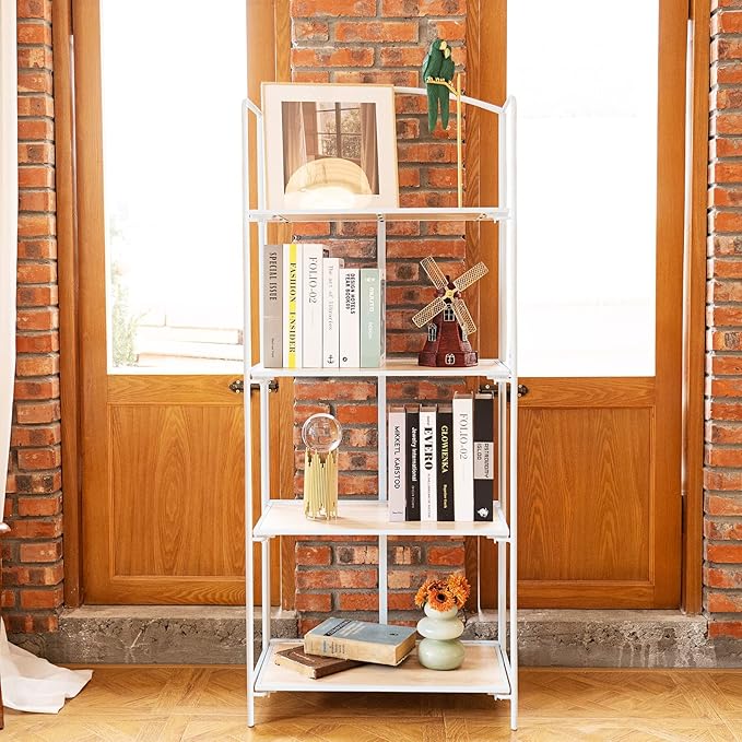 No Assembly Folding Bookshelf, 4 Tier White Bookshelf, Metal Book Shelf for Storage, Folding Bookcase for Office Organization and Storage, 12.6" D x 22.44" W x 55.51" H - LeafyLoom