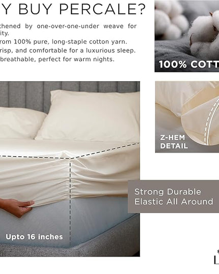 Linen Home 100% Cotton Percale Fitted Sheet Set Queen Size, Ivory, Deep Pocket, 3 Piece -1 Deep Pocket Fitted Sheet and 2 Pillowcases, Crisp Cool and Strong Bed Linen - LeafyLoom