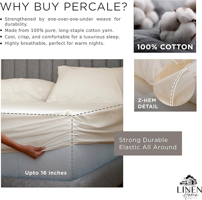 Linen Home 100% Cotton Percale Fitted Sheet Set Queen Size, Ivory, Deep Pocket, 3 Piece -1 Deep Pocket Fitted Sheet and 2 Pillowcases, Crisp Cool and Strong Bed Linen - LeafyLoom