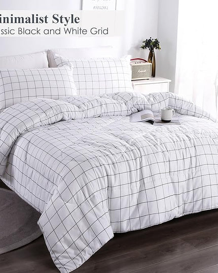 Andency White Grid Comforter Set Queen Size (90x90 Inch), 3 Pieces(1 Grid Comforter and 2 Pillowcases), Summer Lightweight Microfiber Down Alternative White Comforter with Black Lines - LeafyLoom