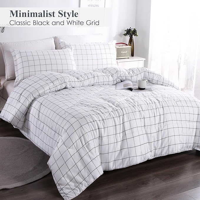 Andency White Grid Comforter Set Queen Size (90x90 Inch), 3 Pieces(1 Grid Comforter and 2 Pillowcases), Summer Lightweight Microfiber Down Alternative White Comforter with Black Lines - LeafyLoom
