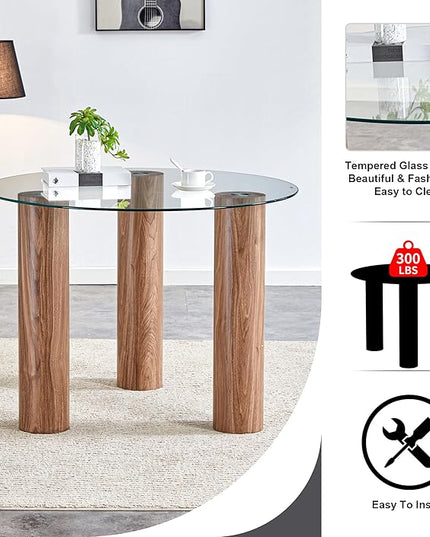 cosure 40" Glass Transparent Tempered Top,Round Dining-Table for 4 W/Wooden Legs Base,for Kitchen Living Room Gathering,in Walnut/Clear Finish - LeafyLoom