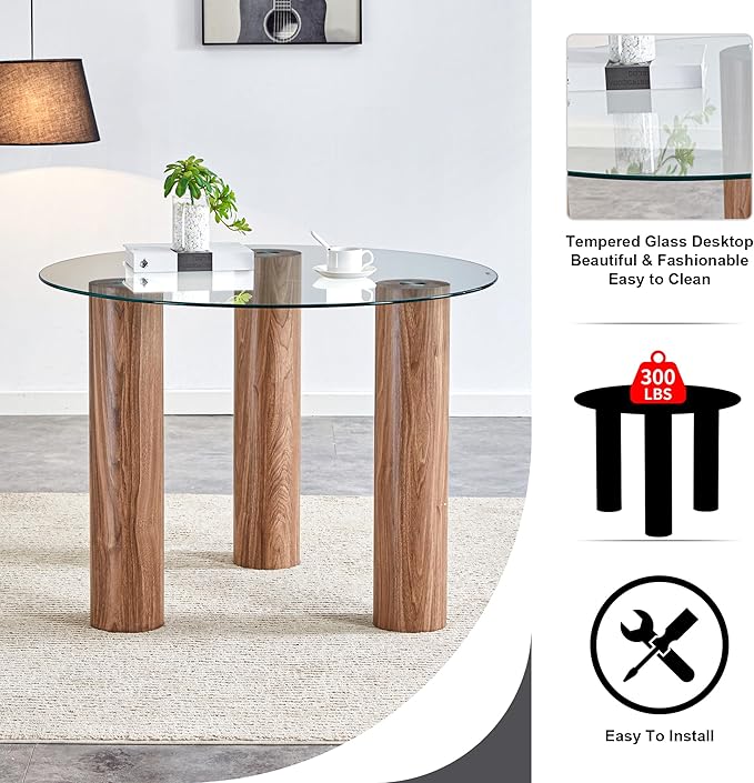 cosure 40" Glass Transparent Tempered Top,Round Dining-Table for 4 W/Wooden Legs Base,for Kitchen Living Room Gathering,in Walnut/Clear Finish - LeafyLoom