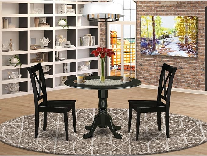 East West Furniture DLCL3-BLK-W Dublin 3 Piece Kitchen Set for Small Spaces Contains a Round Dining Room Table with Dropleaf and 2 Solid Wood Seat Chairs, 42x42 Inch - LeafyLoom