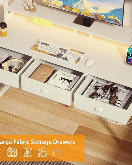 Furologee White Gaming Desk with Power Outlet and LED Light, 47" Computer Desk with 3 Fabric Drawers, Home Office Desk with Monitor Stand and Hutch for Small Space Working, Study Table with Shelf - LeafyLoom